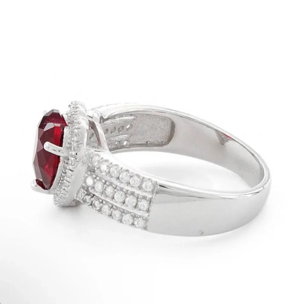 925 Sterling Silver Red Ruby Heart Ring CZ Halo Triple Band Wedding Promise Ring